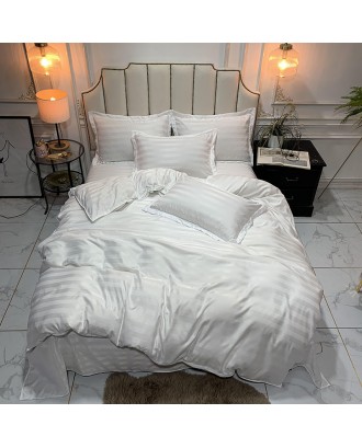 Factory direct Hospital bedsheets downed comforter sets luxury satin stripe bedding set 100% polyester fabric with good price