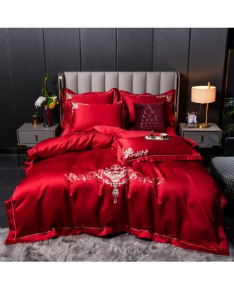 Luxury washed satin silk four-piece set 120  light luxury embroidered jacquard bedding sheet 220*240 Wedding bedding set