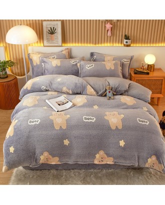 Thickened snow fleece warm four-piece double-sided fleece duvet cover children's cartoon flannel sheets  duvet cover beddiing