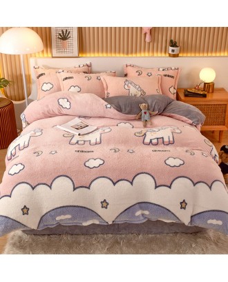 Thickened snow fleece warm four-piece double-sided fleece duvet cover children's cartoon flannel sheets  duvet cover beddiing