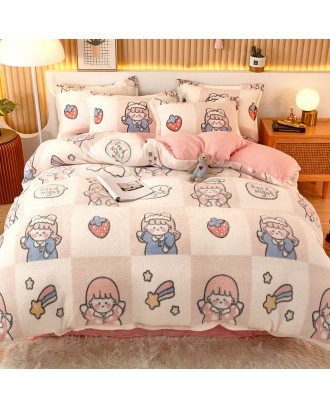 Thickened snow fleece warm four-piece double-sided fleece duvet cover children's cartoon flannel sheets  duvet cover beddiing