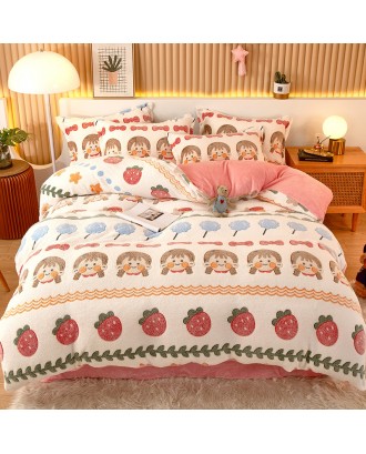 Thickened snow fleece warm four-piece double-sided fleece duvet cover children's cartoon flannel sheets  duvet cover beddiing