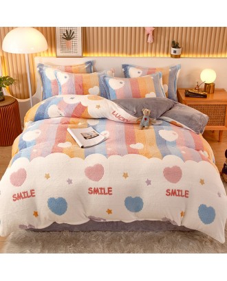 Thickened snow fleece warm four-piece double-sided fleece duvet cover children's cartoon flannel sheets  duvet cover beddiing