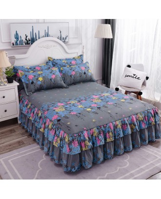 Bed Skirts Set Double Layer Bedspread Floral Printed Bed Sheet Bilateral Bed Skirt + 2 Pair Of Pillowcase Bedsheets