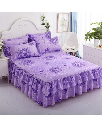 Bed Skirts Set Double Layer Bedspread Floral Printed Bed Sheet Bilateral Bed Skirt + 2 Pair Of Pillowcase Bedsheets