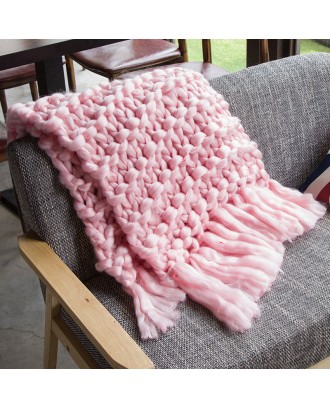 Promotional Latest Soft Breathable Pink Chunky Knit Blanket Comfortable Bed Sofa Floor Hand Woven Tassel Wool Blanket