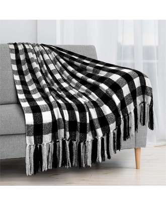 Wholesale Plaid Printed Microfiber Chenille Tassel Blanket Custom Flannel Warm Knit Christmas Gift Blanket