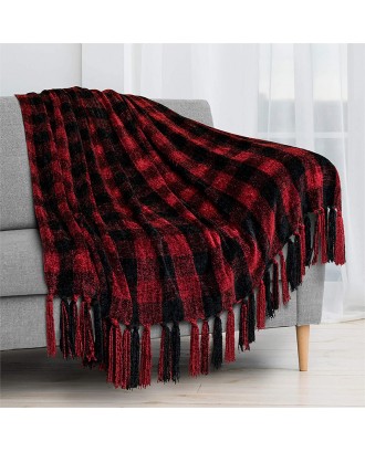 Wholesale Plaid Printed Microfiber Chenille Tassel Blanket Custom Flannel Warm Knit Christmas Gift Blanket