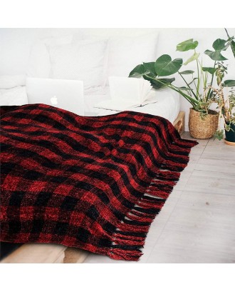 Wholesale Plaid Printed Microfiber Chenille Tassel Blanket Custom Flannel Warm Knit Christmas Gift Blanket