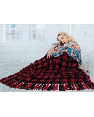 Wholesale Plaid Printed Microfiber Chenille Tassel Blanket Custom Flannel Warm Knit Christmas Gift Blanket